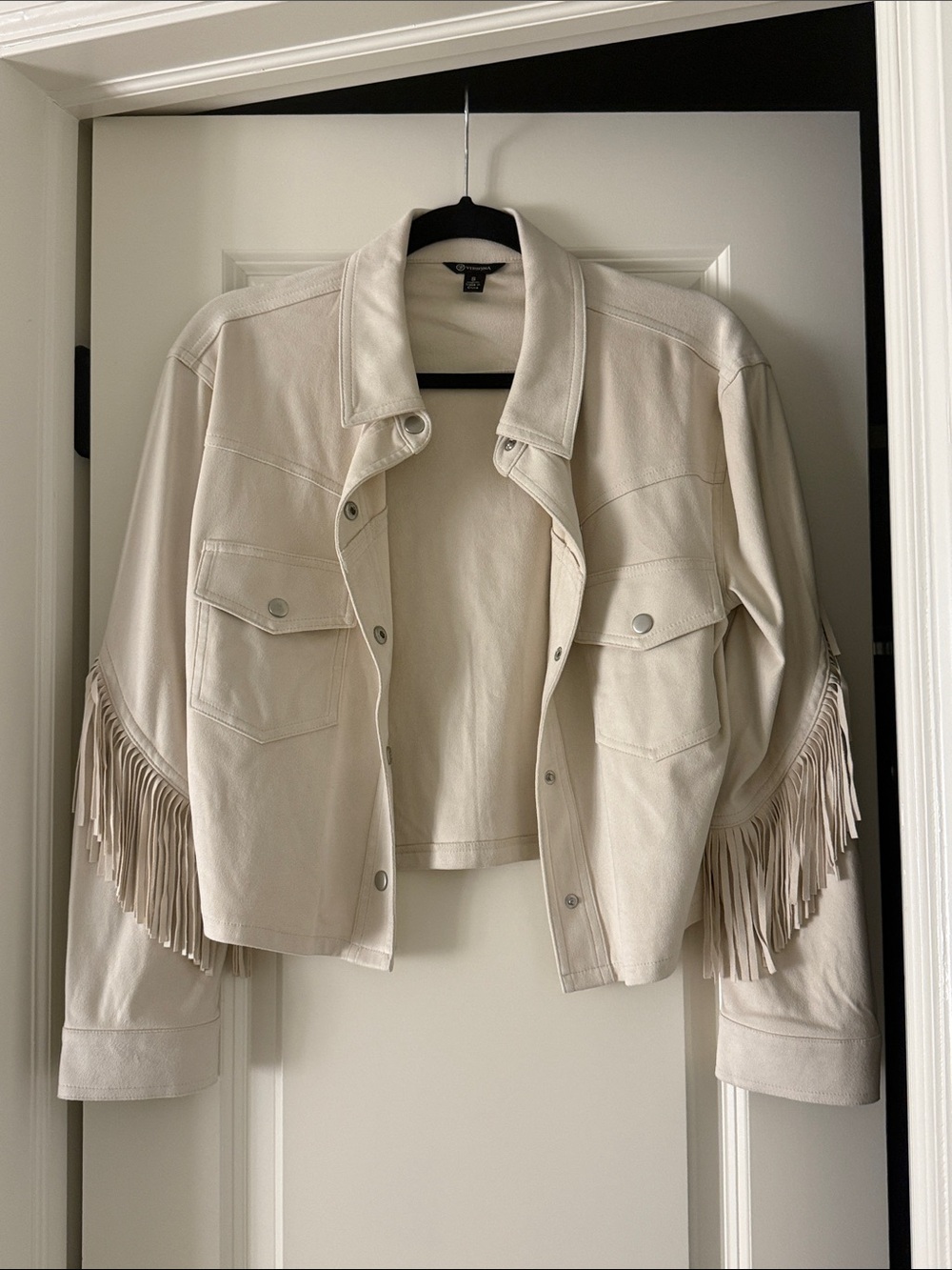 Cropped Cream Fringe Jean Jacket